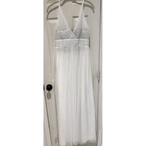 Christina Wu White Tulle Gown with Silver Sequins V Neck Sleeveless New SZ 16